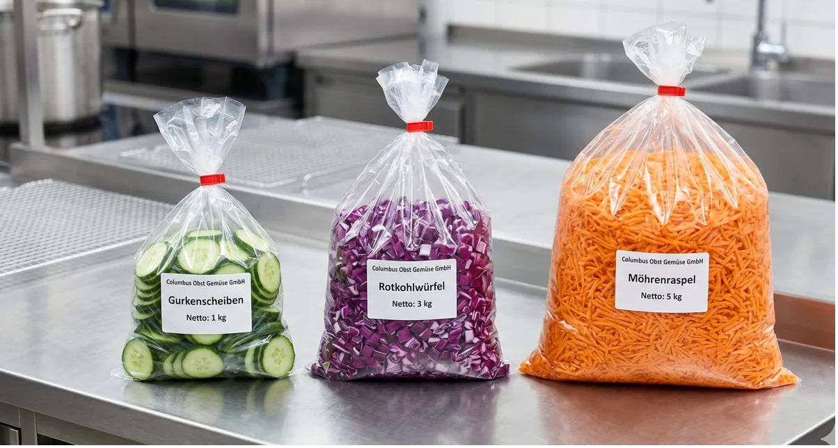 Schnittgemüse-Sortiment: Gurkenscheiben, Rotkohlwürfel und Möhrenraspel