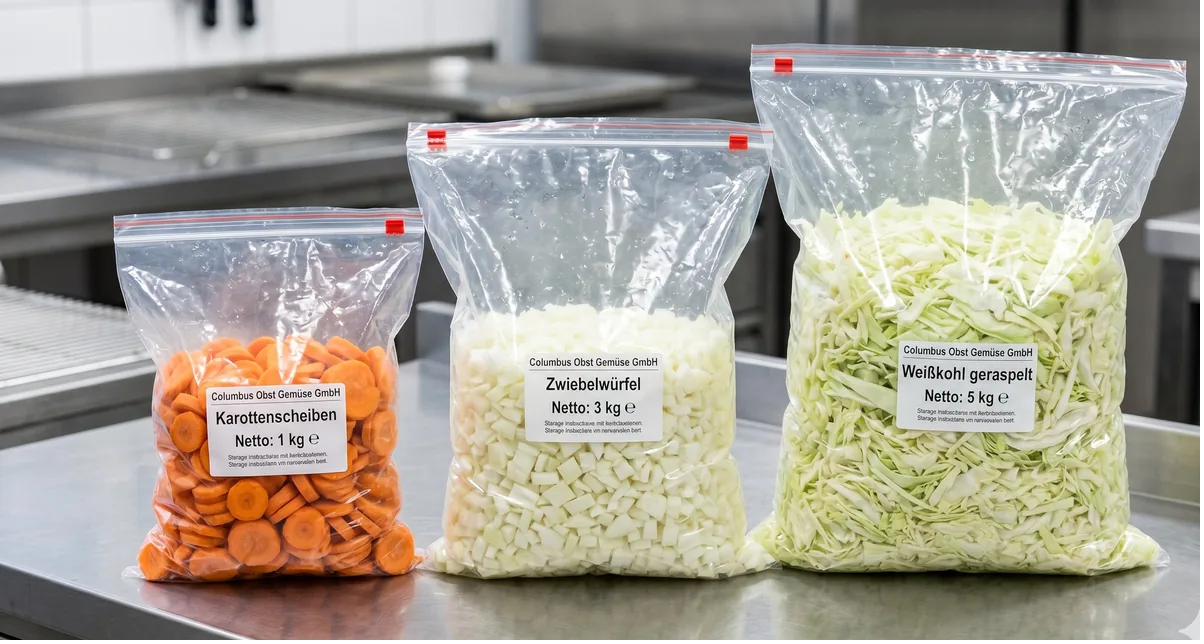 Schnittgemüse-Sortiment: Karottenscheiben, Zwiebelwürfel und geraspelter Weißkohl