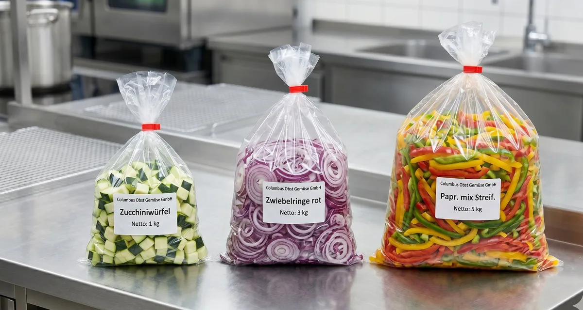 Schnittgemüse-Sortiment: Zucchiniwürfel, rote Zwiebelringe und Paprika-Mix-Streifen