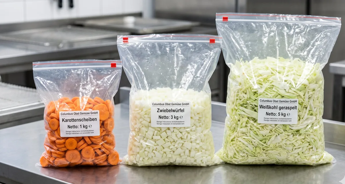 Schnittgemüse-Sortiment: Karottenscheiben, Zwiebelwürfel und geraspelter Weißkohl