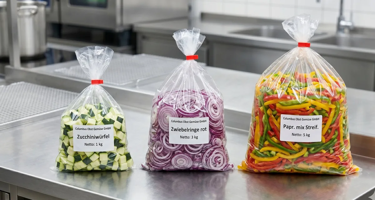 Schnittgemüse-Sortiment: Zucchiniwürfel, rote Zwiebelringe und Paprika-Mix-Streifen
